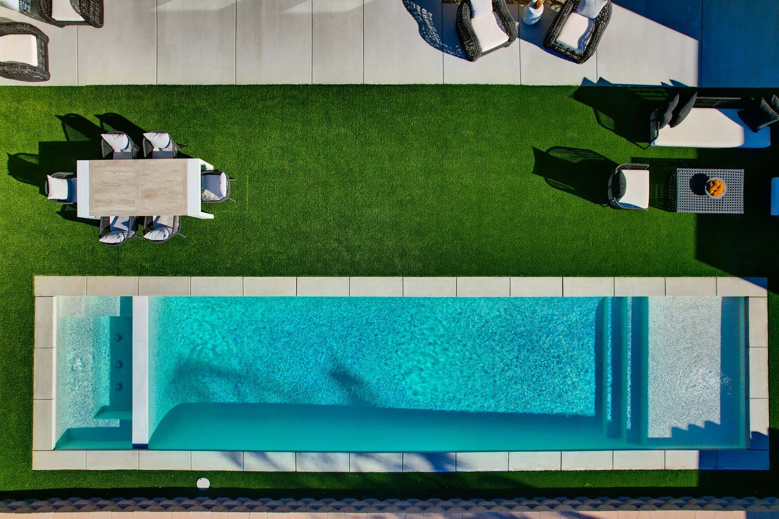 The Zen aerial view of backyard with pool